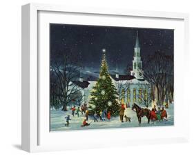 Greeting Card - White Church with Large Tree and People Surrounding-null-Framed Art Print