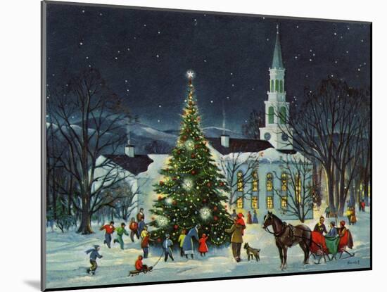 Greeting Card - White Church with Large Tree and People Surrounding-null-Mounted Art Print