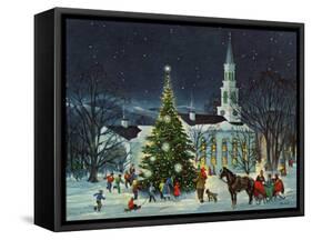 Greeting Card - White Church with Large Tree and People Surrounding-null-Framed Stretched Canvas