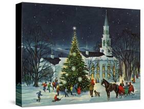 Greeting Card - White Church with Large Tree and People Surrounding-null-Stretched Canvas