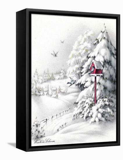 Greeting Card - Winter Scene with Red Birdhouse, National Museum of American History-null-Framed Stretched Canvas