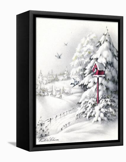 Greeting Card - Winter Scene with Red Birdhouse, National Museum of American History-null-Framed Stretched Canvas