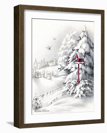 Greeting Card - Winter Scene with Red Birdhouse, National Museum of American History-null-Framed Art Print