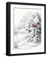 Greeting Card - Winter Scene with Red Birdhouse, National Museum of American History-null-Framed Art Print