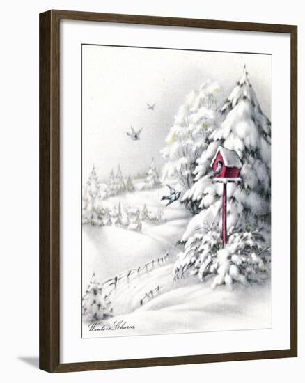 Greeting Card - Winter Scene with Red Birdhouse, National Museum of American History-null-Framed Art Print