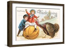 Greetings, Children with Turkey and Pumpkin-null-Framed Art Print