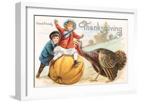 Greetings, Children with Turkey and Pumpkin-null-Framed Art Print