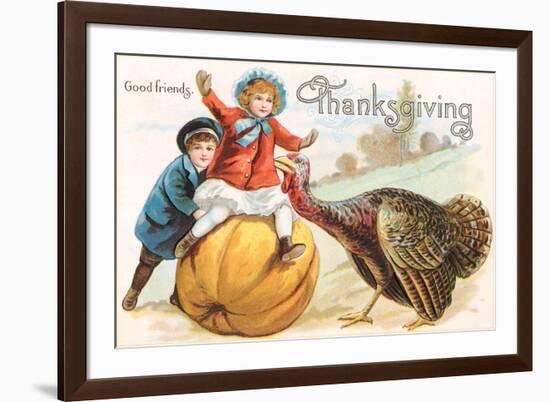 Greetings, Children with Turkey and Pumpkin-null-Framed Premium Giclee Print