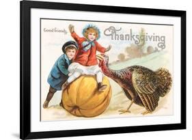 Greetings, Children with Turkey and Pumpkin-null-Framed Premium Giclee Print