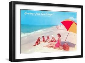 Greetings, Family on Beach, San Diego, California-null-Framed Art Print