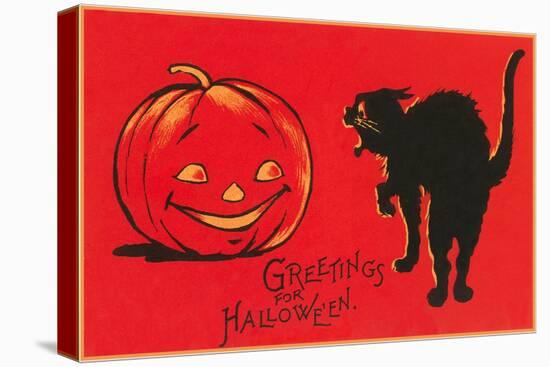 Greetings for Halloween, Black Cat and Jack O'Lantern-null-Stretched Canvas