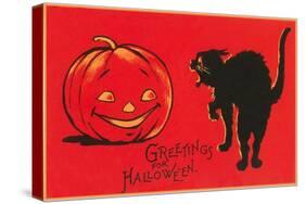 Greetings for Halloween, Black Cat and Jack O'Lantern-null-Stretched Canvas