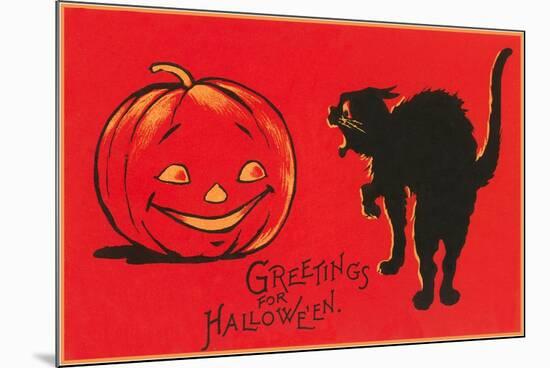 Greetings for Halloween, Black Cat and Jack O'Lantern-null-Mounted Premium Giclee Print
