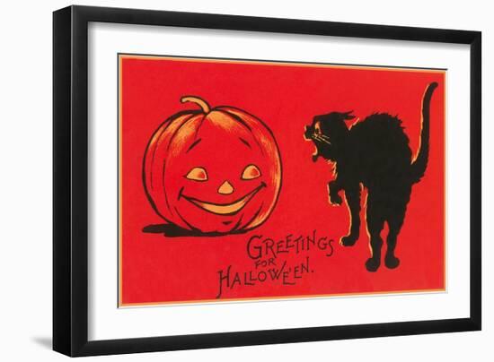 Greetings for Halloween, Black Cat and Jack O'Lantern-null-Framed Art Print