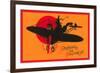 Greetings for Halloween, Cat and Witch in Plane-null-Framed Premium Giclee Print