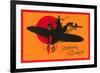 Greetings for Halloween, Cat and Witch in Plane-null-Framed Premium Giclee Print