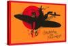 Greetings for Halloween, Cat and Witch in Plane-null-Stretched Canvas