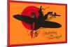 Greetings for Halloween, Cat and Witch in Plane-null-Mounted Art Print