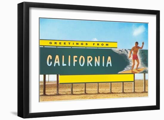 Greetings from California, Surfer on Billboard-null-Framed Art Print