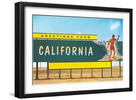 Greetings from California, Surfer on Billboard-null-Framed Art Print