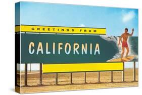 Greetings from California, Surfer on Billboard-null-Stretched Canvas