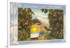 Greetings from California, Train through Orange Groves-null-Framed Art Print