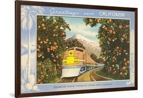 Greetings from California, Train through Orange Groves-null-Framed Art Print