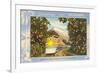 Greetings from California, Train through Orange Groves-null-Framed Premium Giclee Print