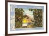 Greetings from California, Train through Orange Groves-null-Framed Premium Giclee Print