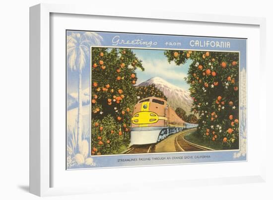 Greetings from California, Train through Orange Groves-null-Framed Art Print