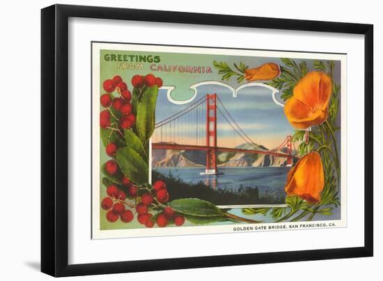 Greetings from California with Golden Gate Bridge and Poppies-null-Framed Art Print