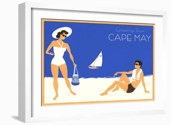 Greetings from Cape May, New Jersey, Beach Couple-null-Framed Art Print