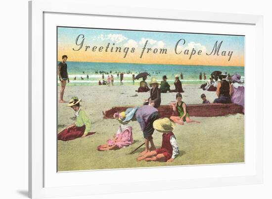 Greetings from Cape May, New Jersey, Beach Scene-null-Framed Premium Giclee Print