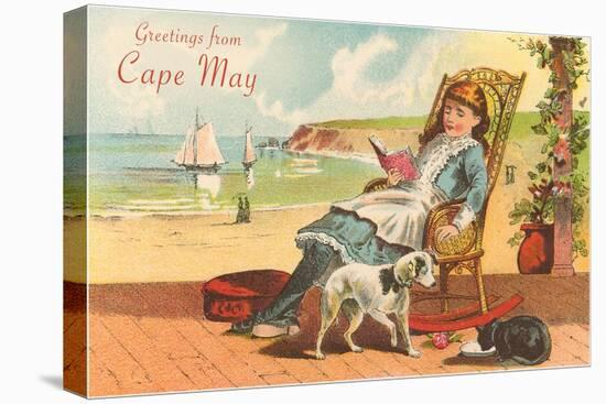 Greetings from Cape May, New Jersey, Girl on Porch-null-Stretched Canvas