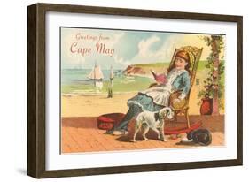 Greetings from Cape May, New Jersey, Girl on Porch-null-Framed Art Print