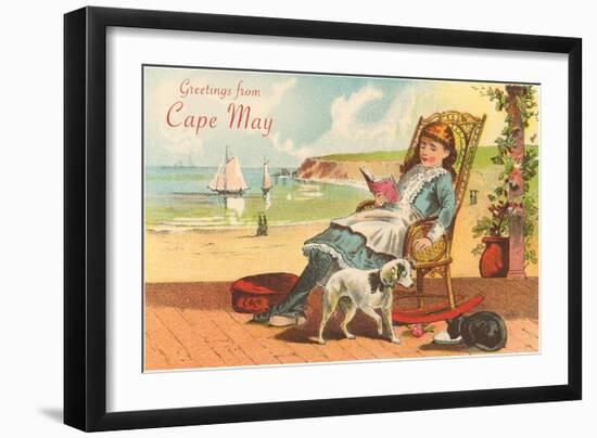 Greetings from Cape May, New Jersey, Girl on Porch-null-Framed Art Print