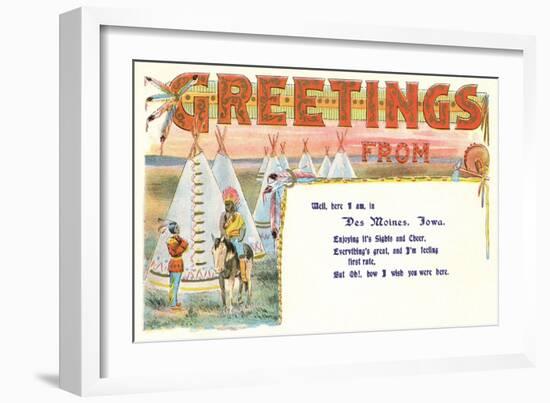 Greetings from Des Moines, Tepees, Iowa-null-Framed Art Print