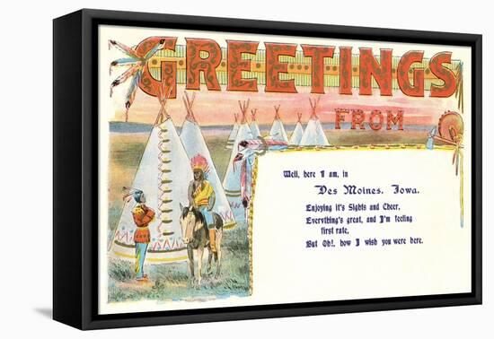 Greetings from Des Moines, Tepees, Iowa-null-Framed Stretched Canvas