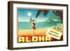 Greetings from Hawaii, Hula Girl on Beach-null-Framed Art Print