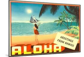 Greetings from Hawaii, Hula Girl on Beach-null-Mounted Art Print