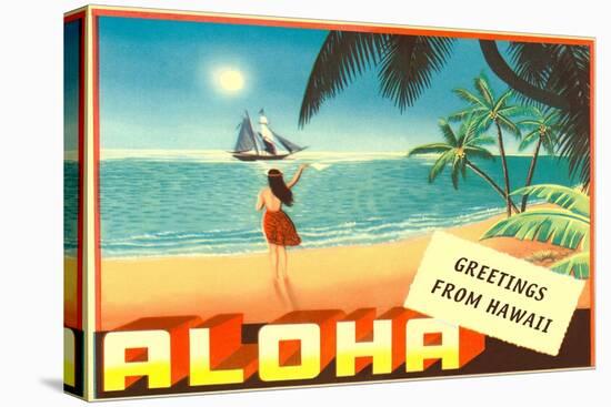 Greetings from Hawaii, Hula Girl on Beach-null-Stretched Canvas