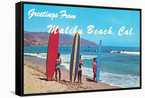 Greetings from Malibu Beach, California, Surfers-null-Framed Stretched Canvas