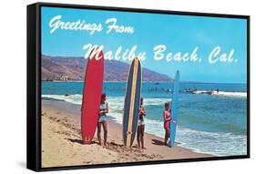 Greetings from Malibu Beach, California, Surfers-null-Framed Stretched Canvas