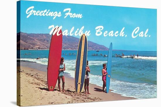 Greetings from Malibu Beach, California, Surfers-null-Stretched Canvas