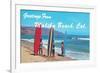 Greetings from Malibu Beach, California, Surfers-null-Framed Premium Giclee Print