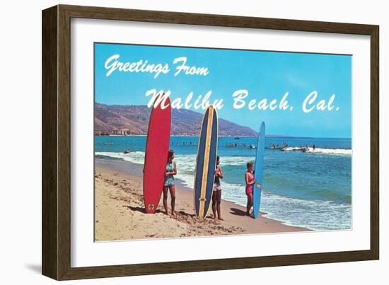 Greetings from Malibu Beach, California, Surfers-null-Framed Art Print