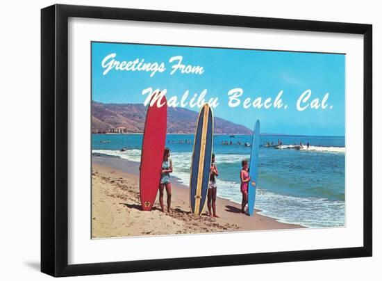 Greetings from Malibu Beach, California, Surfers-null-Framed Art Print