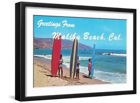 Greetings from Malibu Beach, California, Surfers-null-Framed Art Print