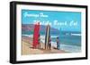 Greetings from Malibu Beach, California, Surfers-null-Framed Art Print