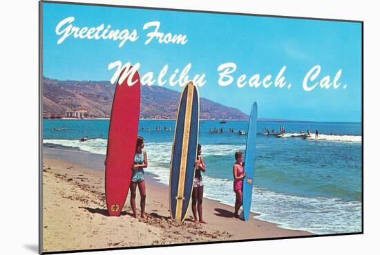 Greetings from Malibu Beach, California, Surfers-null-Mounted Art Print